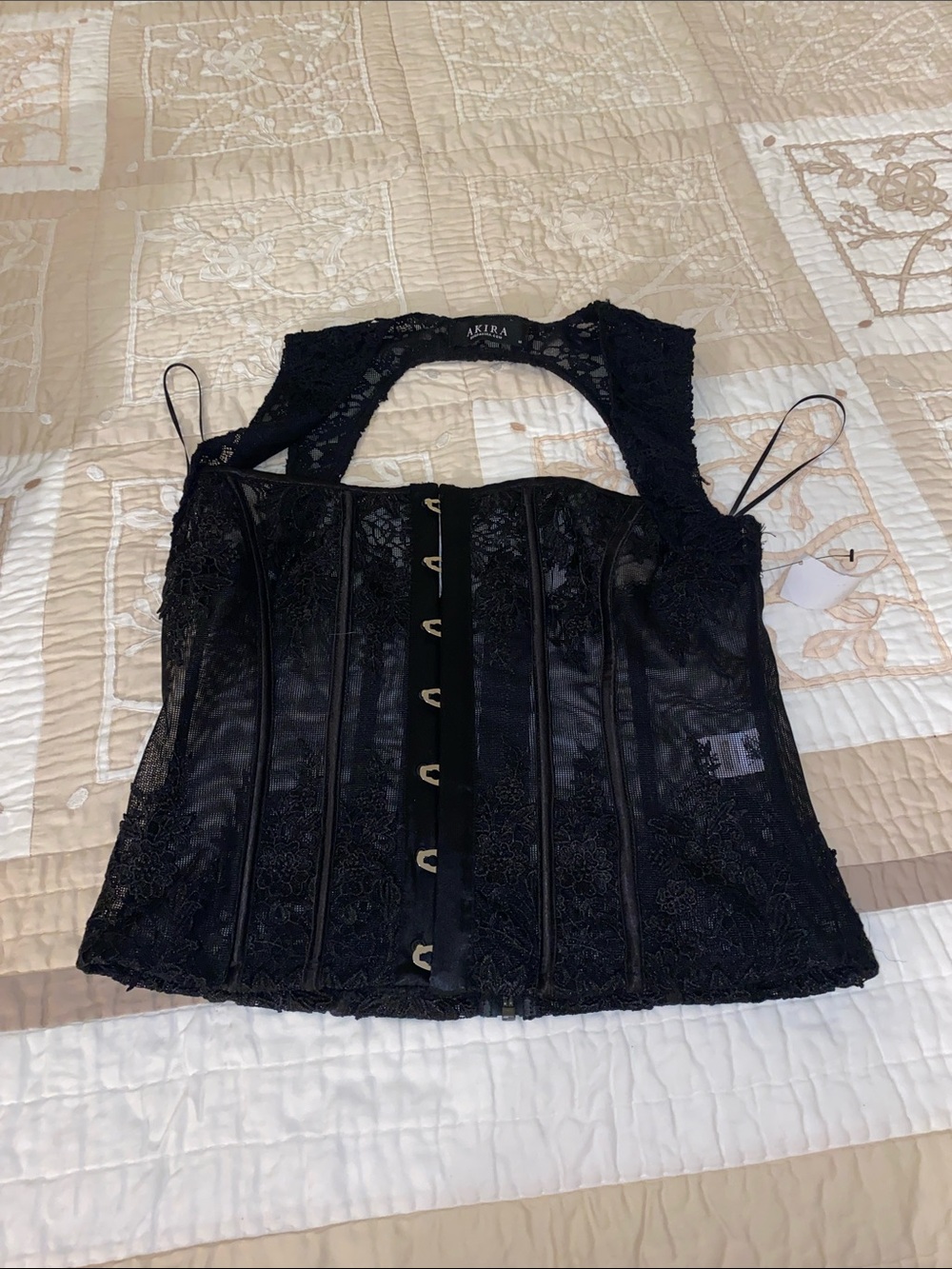 AKIRA Black Lace Corset-Style Bodysuit Top